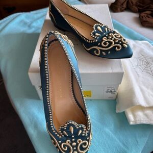 Charlotte Olympia Teal Flats with Gold Detailing